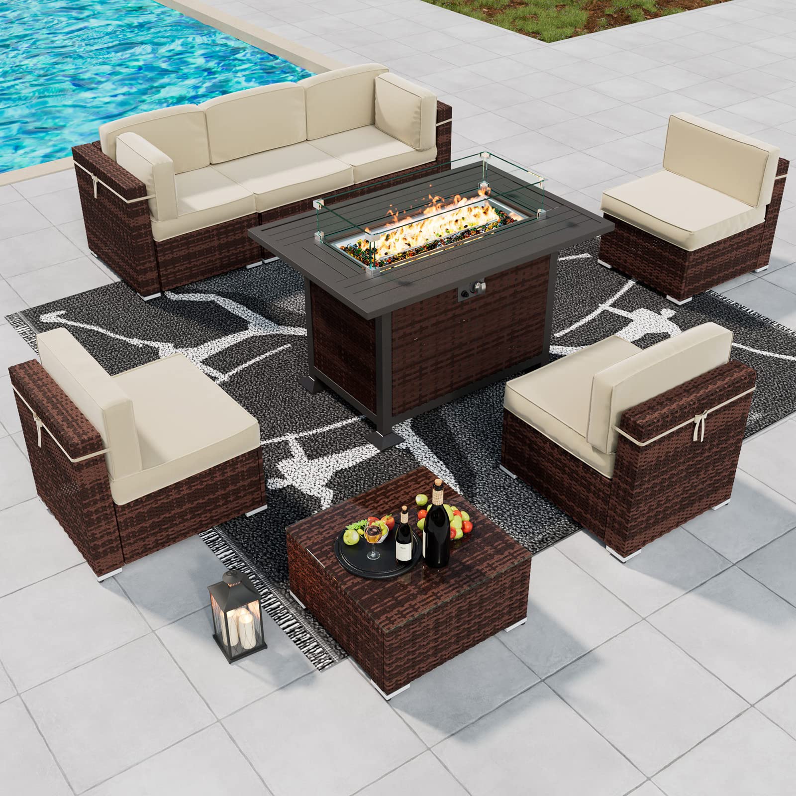 UDPATIO 8 Piece Patio Furniture Sets with Fire Pit Table, Rattan Outdoor Patio Furniture Sofa Sectional w/Gas Fire Pit, Coffee Table, 2 Waterproof Covers,for Patio Back Deck, Balcany, Poolside,Cream