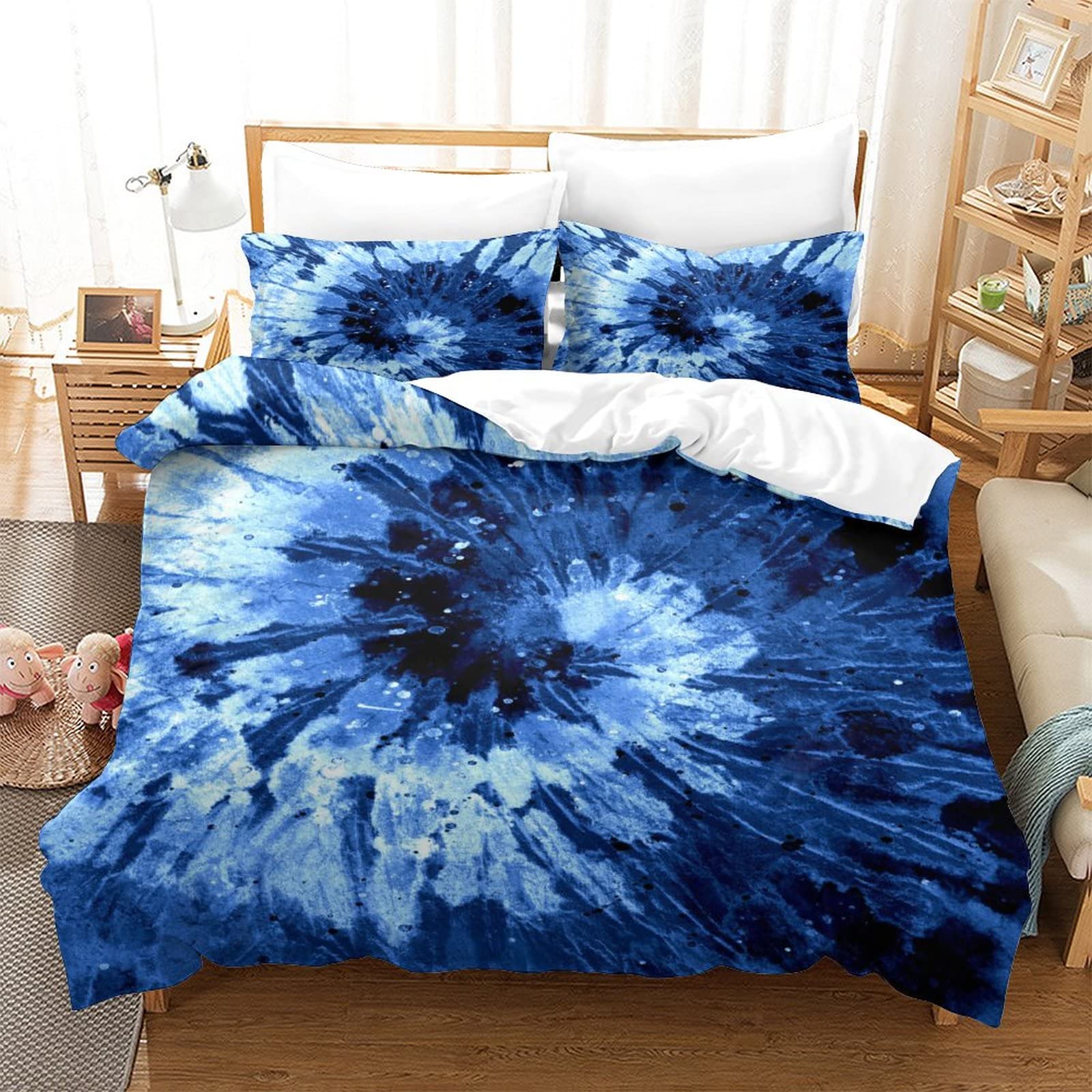 Blue Tie Dye Bedding Set Blue Tie Dye Bedding Cover Spiral Tie Dyed Printed Bed Comforter Cover Set,Boho Bohemian Hippie Bedding Sets Full Size Abstract Printed Quilt Cover Full（203x228cm）