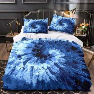 Blue Tie Dye Bedding Set Blue Tie Dye Bedding Cover Spiral Tie Dyed Printed Bed Comforter Cover Set,Boho Bohemian Hippie Bedding Sets Full Size Abstract Printed Quilt Cover Full（203x228cm）