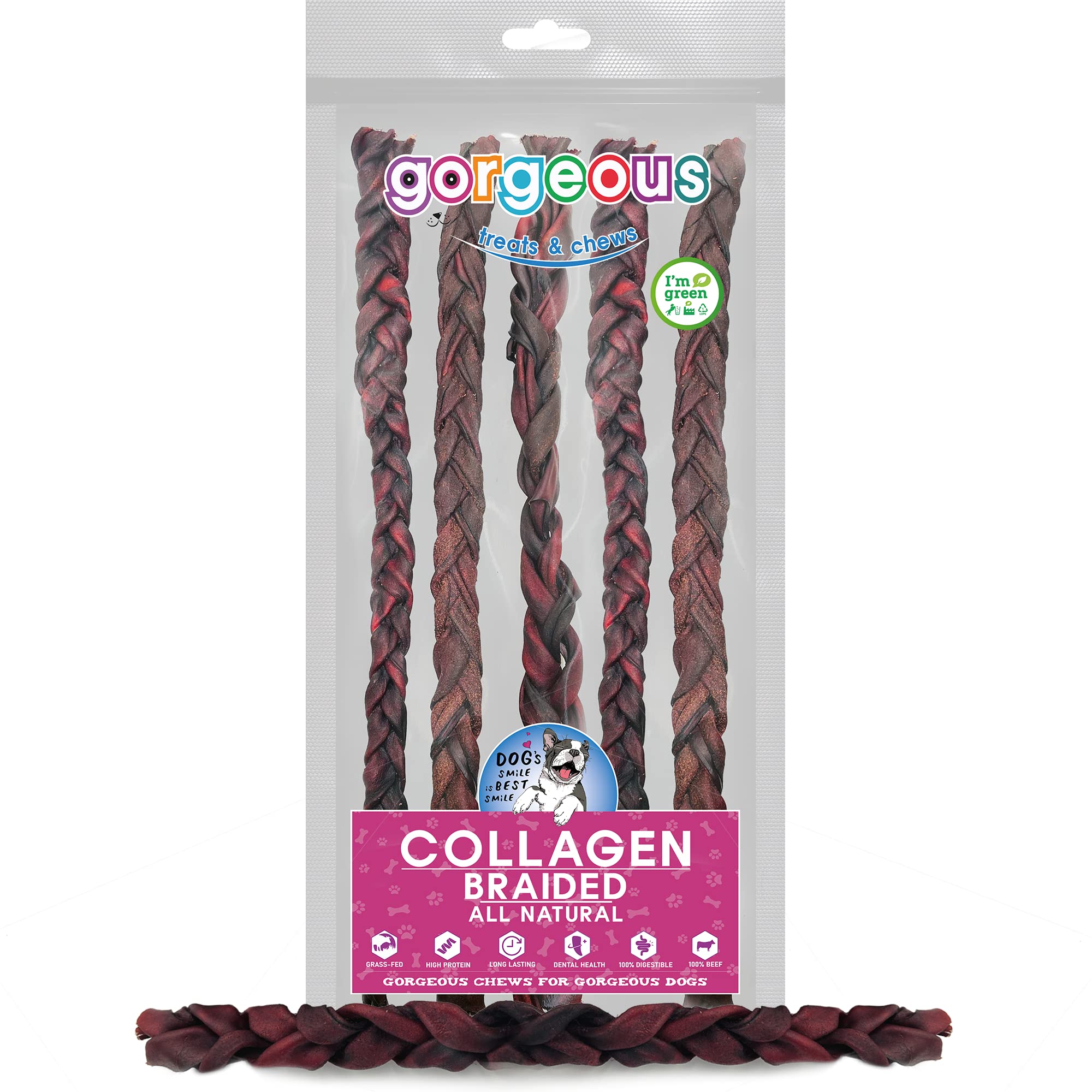 gorgeous treats and chews Beef Collagen 12 Inch | (Braided (5 Count)) | High in Protein | All Natural Chew for Dogs | 100% Digestible | Chondroitin & Glucosamine Source | Good for Dental Health