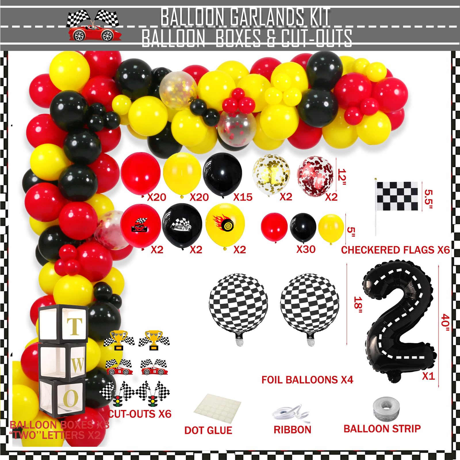 126 PCs Two Fast Birthday Decorations, Fiesec Race Car Theme 2nd Party Decorations Backdrop Balloon Garland Arch Banner Box Cutout Cake Topper Crown Poster Checked Flag Trophy Black Red