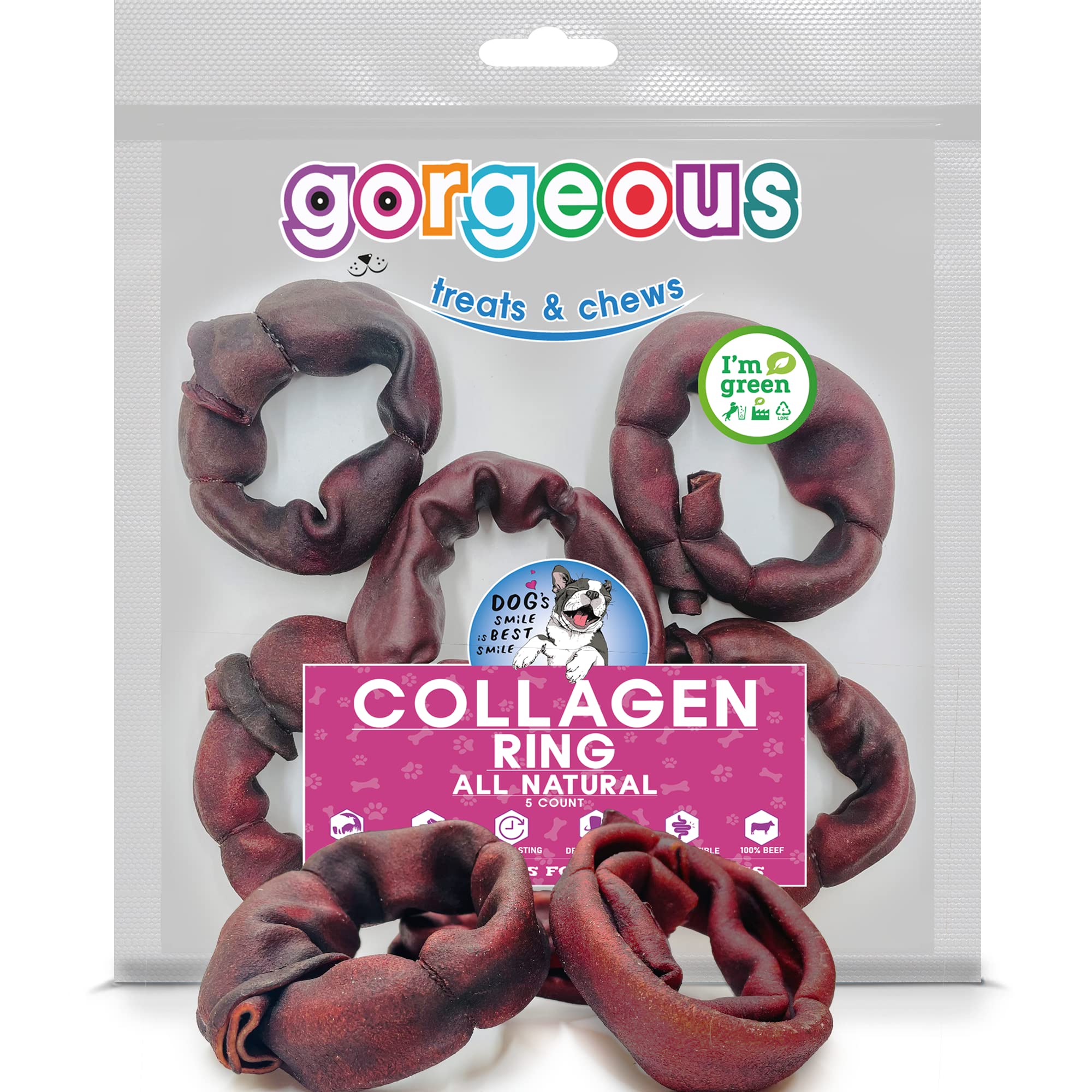 gorgeous treats and chews Beef Collagen | (Ring (5 Count)) | High in Protein | All Natural Chew for Dogs | 100% Digestible | Chondroitin & Glucosamine Source | Good for Dental Health