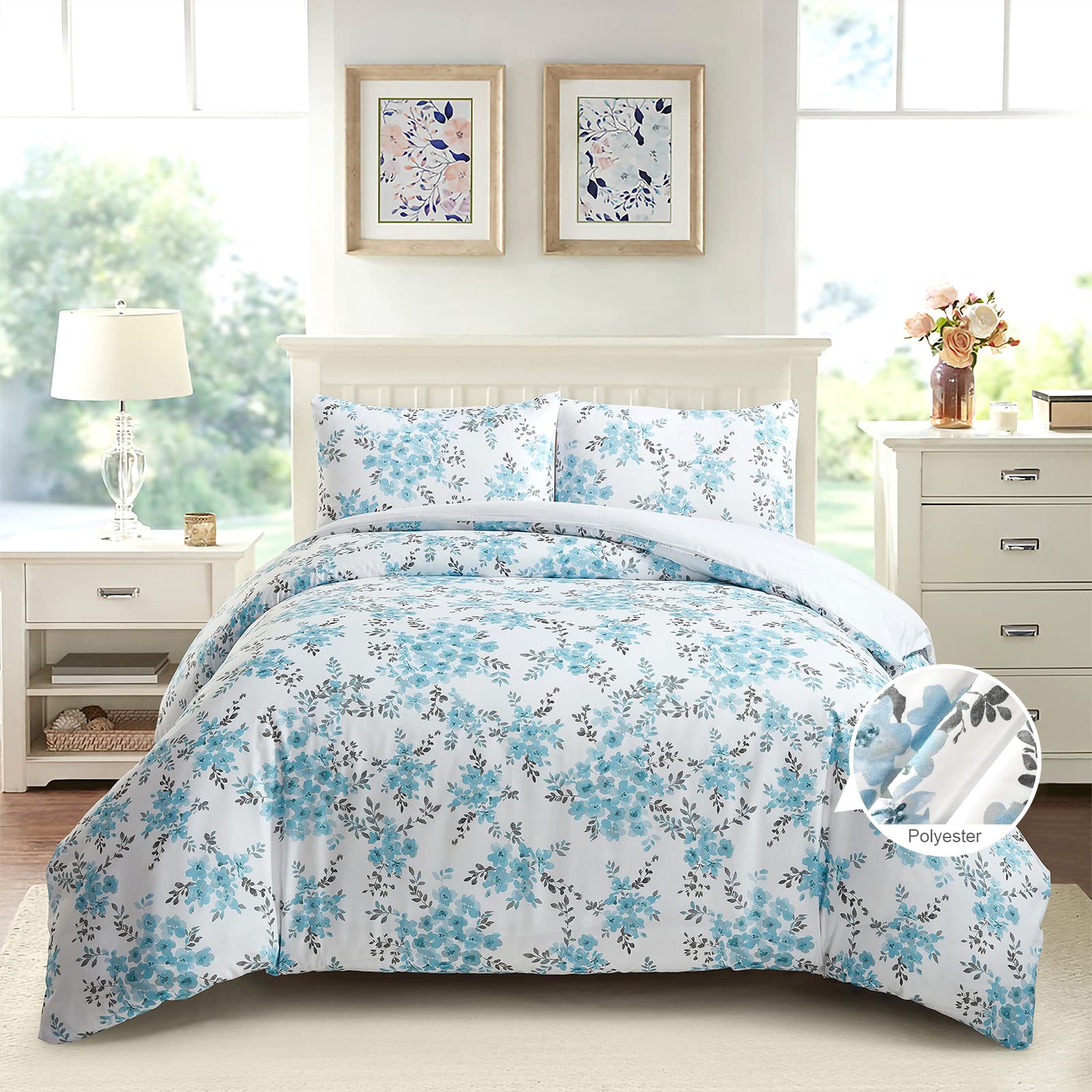 Style Quarters Duvet Cover Queen Size-100% Washed Microfiber Queen Duvet Cover Set 3 Pieces Bedding Set Includes 1 Duvet Cover and 2 Pillowcases Blue Floral Plant Bright Duvet Cover