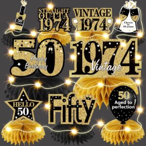 bumqviy 9pcs 50th birthday honeycomb centerpieces decorations with string lights for women men, black gold vintage 1974 aged to perfection table party supplies, 50 year old birthday party table sign