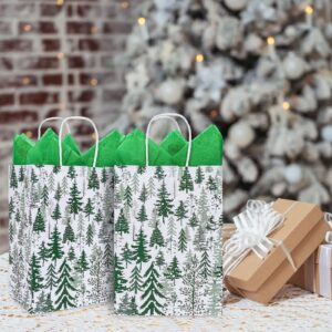 Whaline 12 Pack Christmas Paper Gift Bags with Handle Winter Medium Size Watercolor Xmas Tree Candy Goodie Bags with Green Tissue Paper for Xmas Holiday Party Supplies