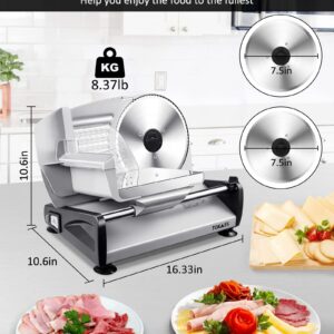 TOKASS Meat Slicer, 200W Electric Slicer For Home Use with 2pcs 7.5'' Stainless Steel Blades, Electric Deli food Slicer, Adjustable Thickness for Meat, Cheese, Bread, Easy Clean (200W-Bright Silver)