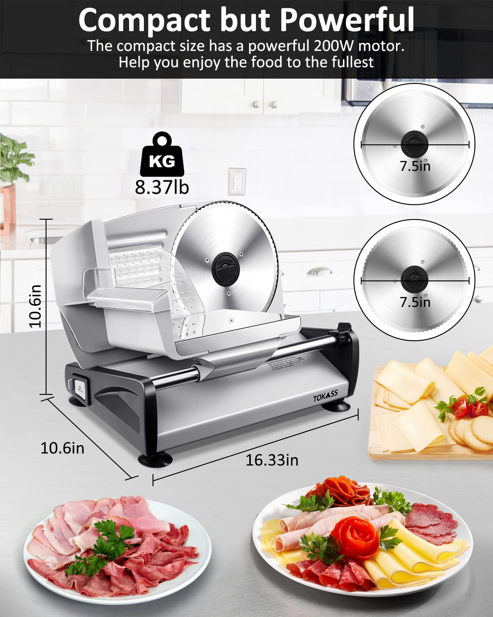 TOKASS Meat Slicer, 200W Electric Slicer For Home Use with 2pcs 7.5'' Stainless Steel Blades, Electric Deli food Slicer, Adjustable Thickness for Meat, Cheese, Bread, Easy Clean (200W-Bright Silver)