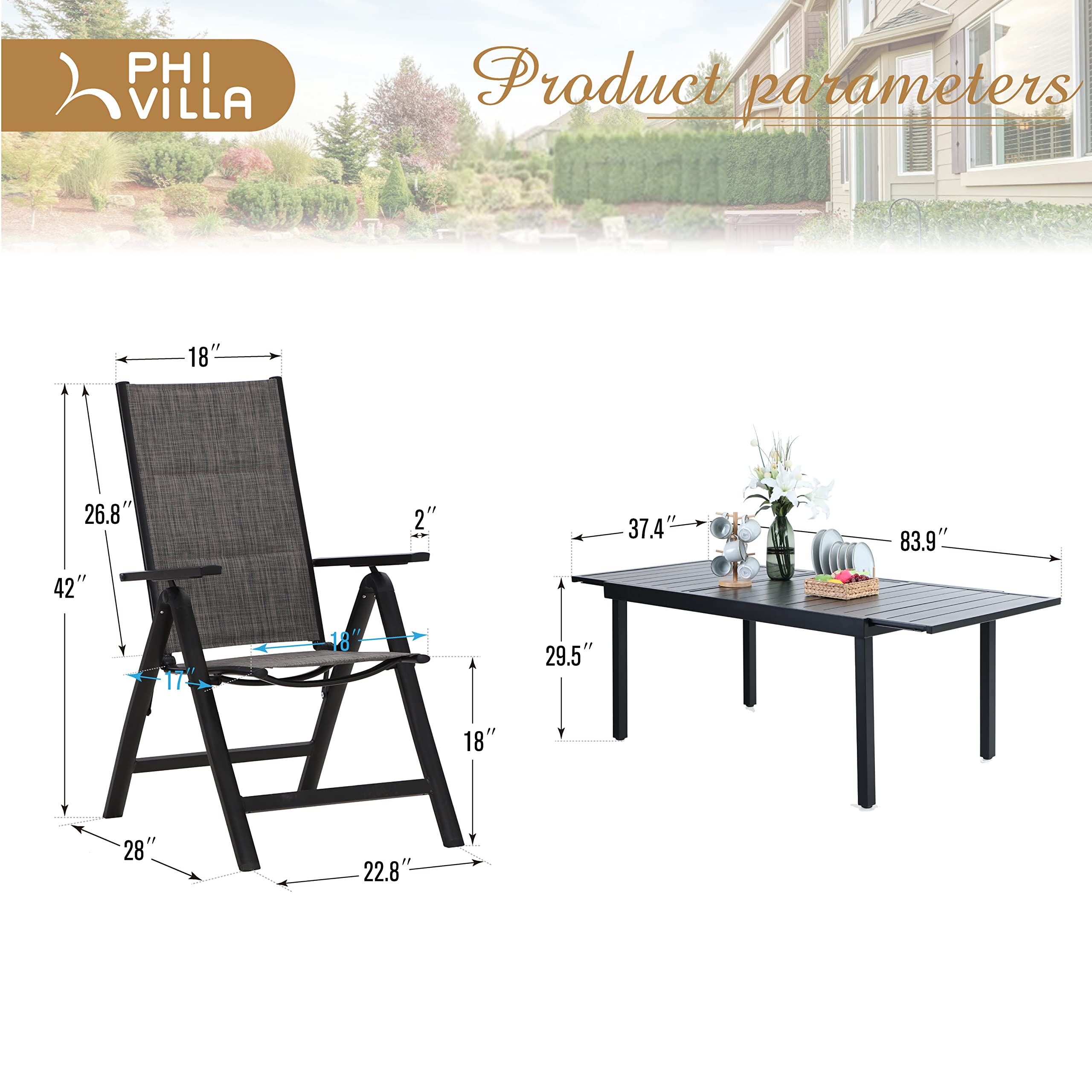 PHI VILLA 9 Piece Outdoor Dining Set with Patio Table and Chairs, Patio Furniture Dining Set with Adjustable Padded Portable Folding Patio Chairs & Metal Rectangle Table for Garden & Deck, Grey