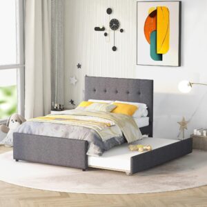 citynight upholstered full size platform bed with headboard and trundle,linen wood full trundle bed frame for kids teens,no box spring needed (full,grey+trundle)