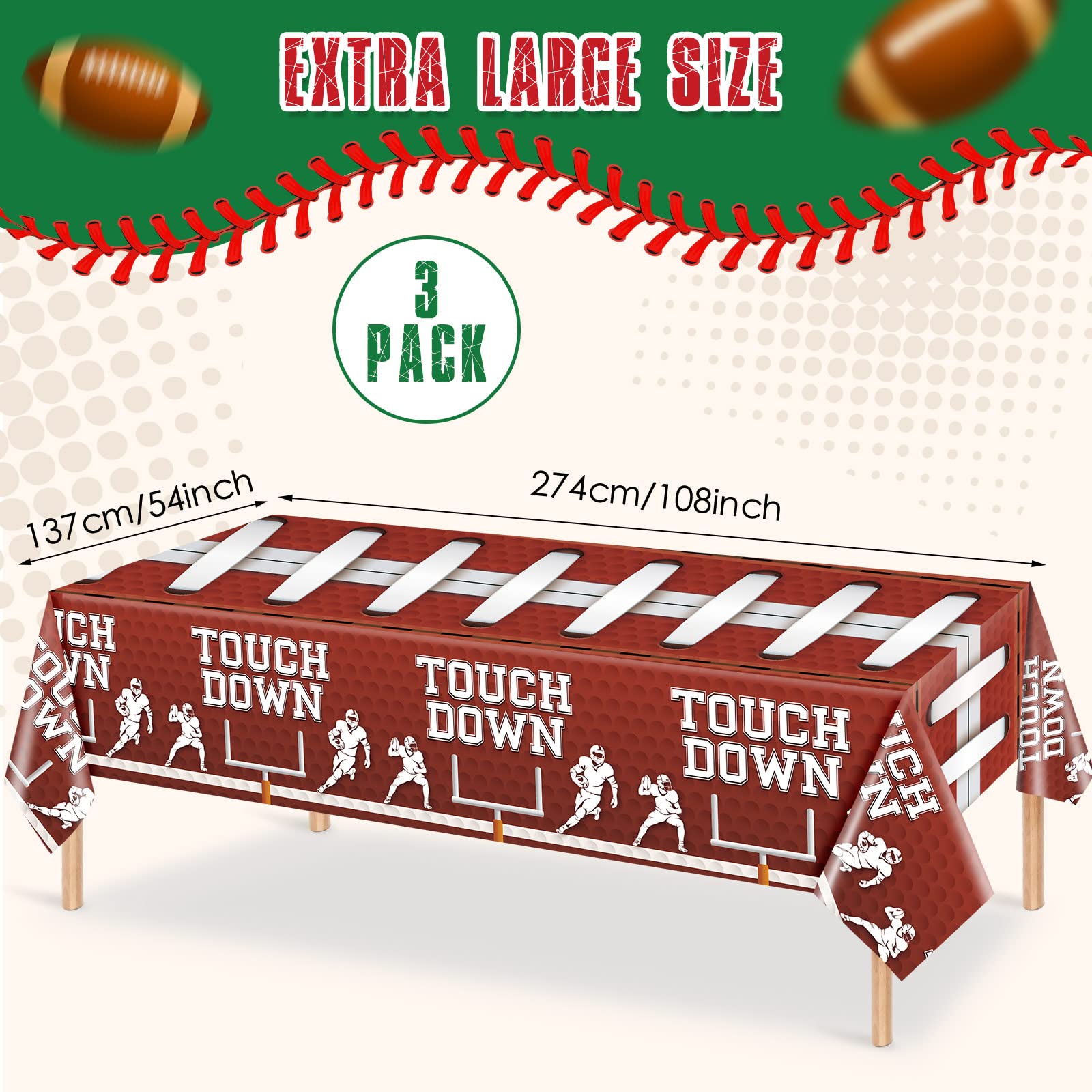 3 Pcs Football Party Tablecloths Plastic Football Field Tablecloths Rectangle Football Bowls Table Covers Football Touchdown Tablecloths for Game Day Baby Shower Birthday Party Supplies, 54 x 108 Inch