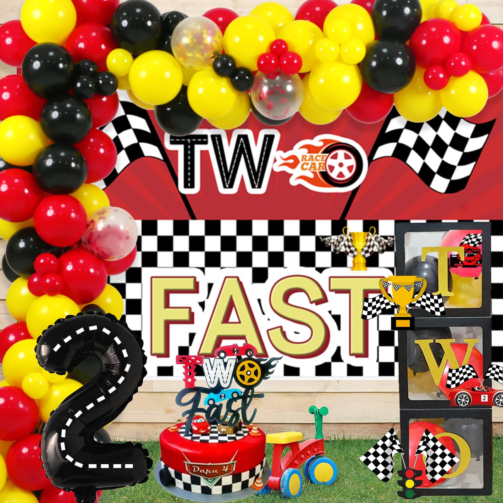 126 PCs Two Fast Birthday Decorations, Fiesec Race Car Theme 2nd Party Decorations Backdrop Balloon Garland Arch Banner Box Cutout Cake Topper Crown Poster Checked Flag Trophy Black Red