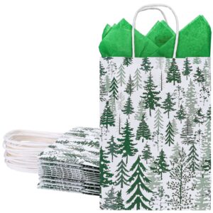 whaline 12 pack christmas paper gift bags with handle winter medium size watercolor xmas tree candy goodie bags with green tissue paper for xmas holiday party supplies