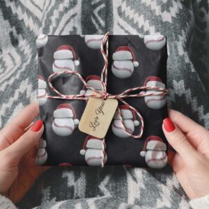 Cute Santa Hat Baseball Gift Wrap Thick Wrapping Paper Bball Themed Christmas Holiday Party Decoration (One 20 inch x 30 inch sheet)