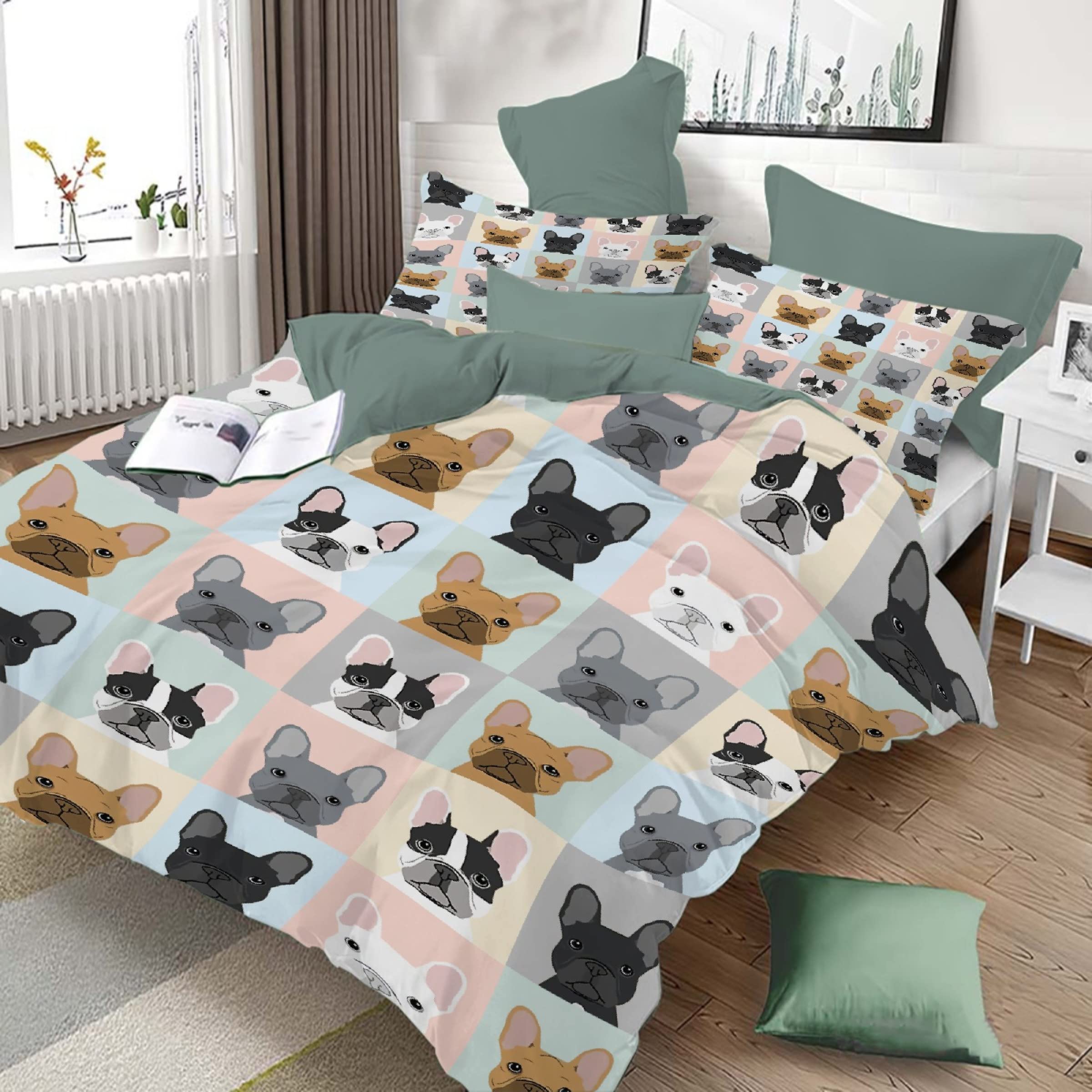 Lynnezilla French Bulldog Duvet Cover 3 Pieces Bedding Set Bedspread Comforter Set Bed Cover All Season Twin/Full/Queen/King Size, 1 Duvet Cover + 2 Pillowcase - Full Size (80"x90",200x230cm)