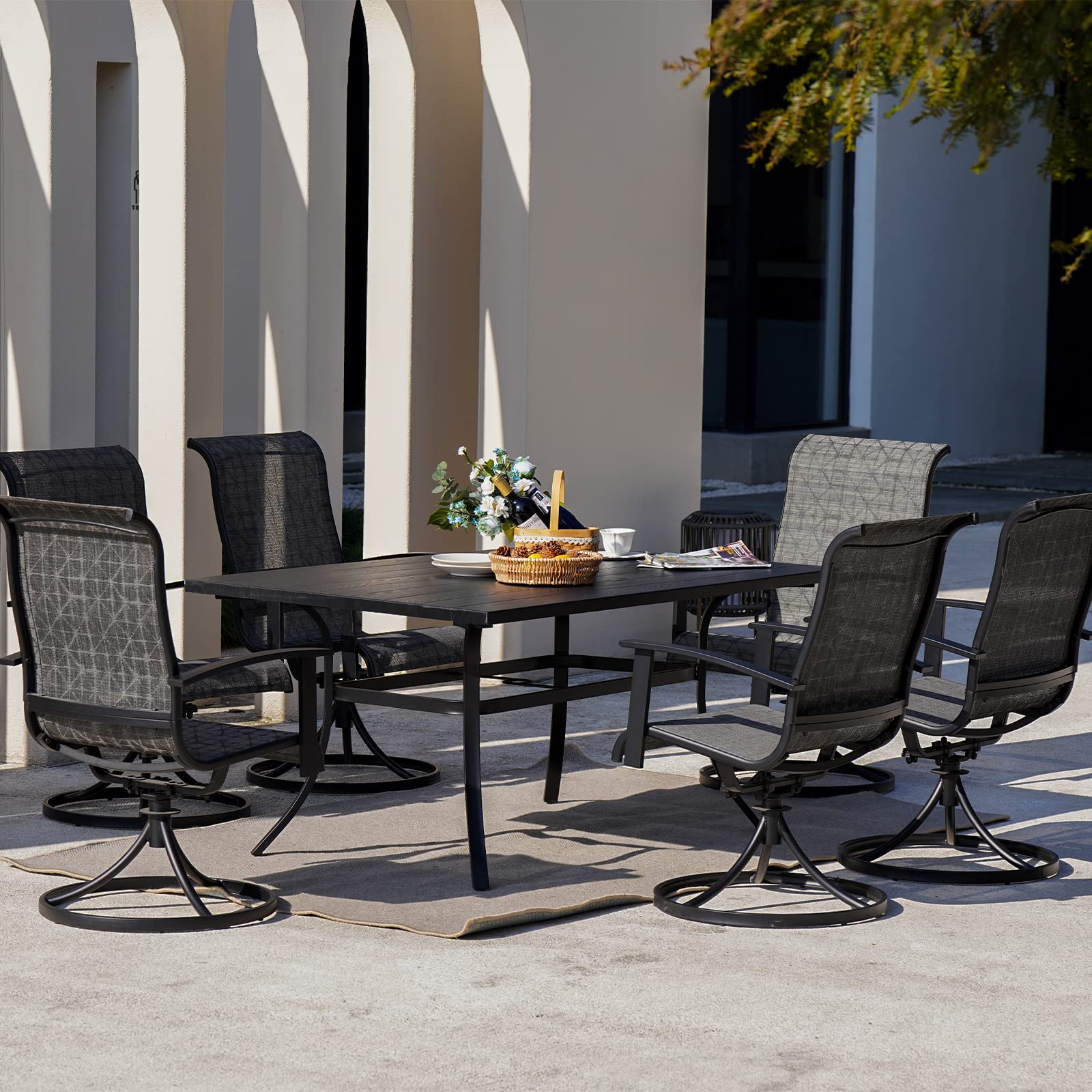 Grand patio Outdoor Dining Set for 6, Patio Dining Set with 6-Piece Mesh Sling Rocking Chairs, 1-Piece Large Rectangular Woodgrain Dining Table with Umbrella Hole, Black & Grey Plaid