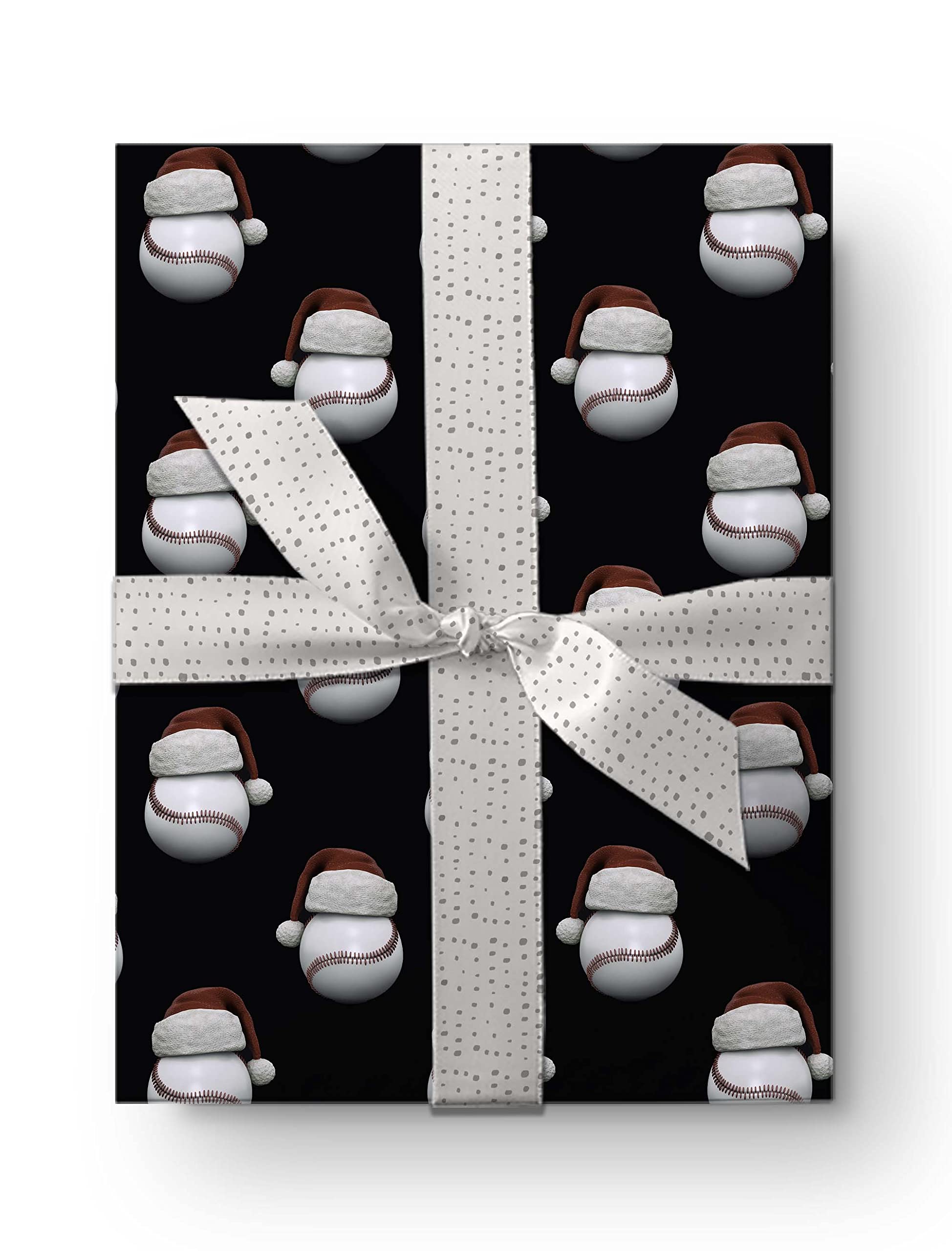 Cute Santa Hat Baseball Gift Wrap Thick Wrapping Paper Bball Themed Christmas Holiday Party Decoration (One 20 inch x 30 inch sheet)