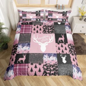 erosebridal farmhouse moose duvet cover for kids boys girls,pink deer sketch bedding set,rustic elk comforter cover twin,woodland animal bed sets with 1 pillow sham lodge bedroom decor