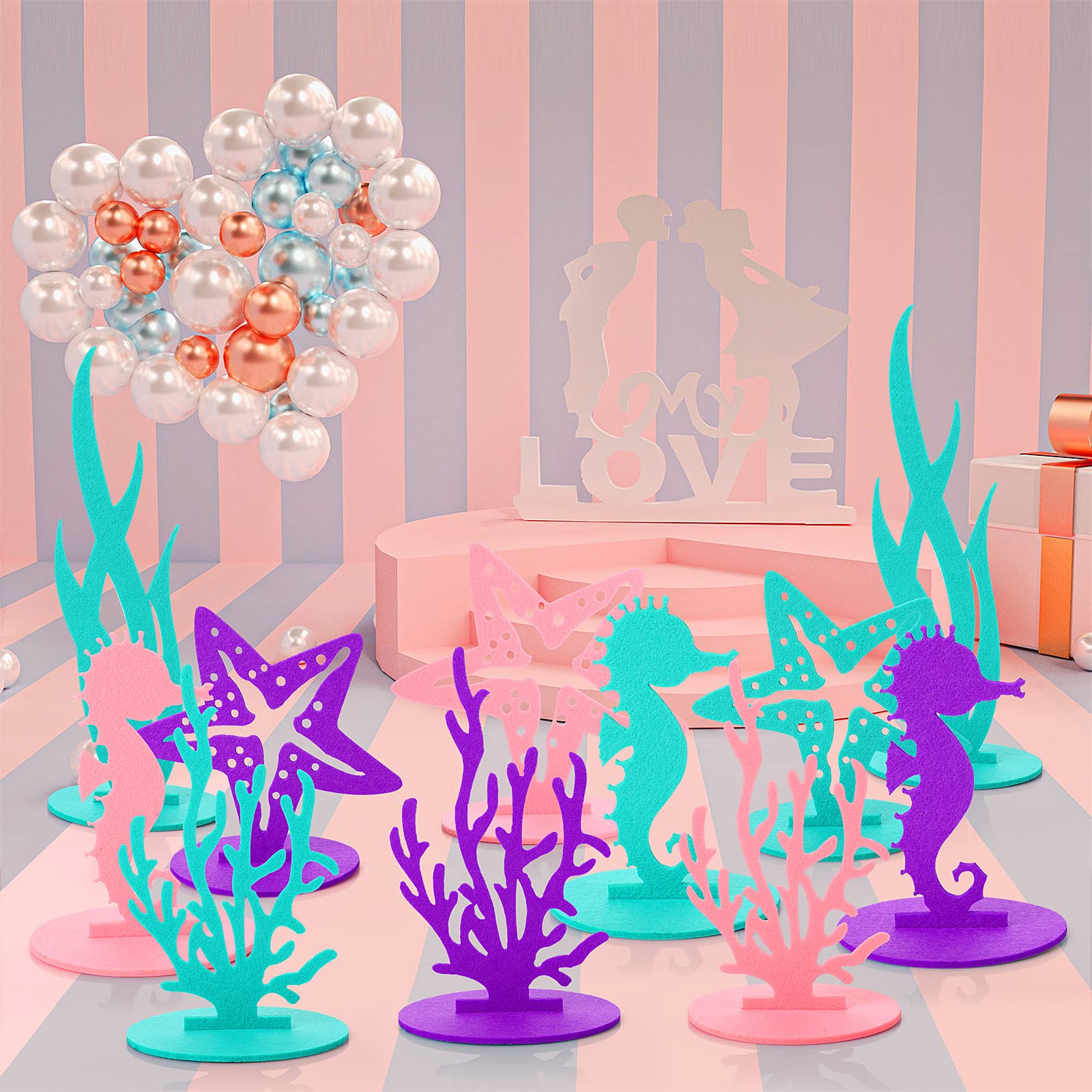 Prasacco 22 Pcs Mermaid Birthday Decorations, Felt Table Centerpiece DIY Under The Sea Party Decoration Seahorse Starfish Seaweed Coral Decoration for Ocean Theme Mermaid Birthday Party Baby Shower