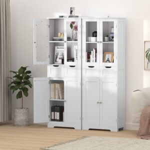 67" Tall White Bathroom Cabinet Bathroom Cabinet Storage Cabinet, Freestanding Storage Cabinet With Glass Door and Adjustable Shelves, Linen Bathroom Cabinet for Living Room, Kitchen, Dining, White