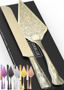 orblue wedding cake knife and server set - premium, beautifully engraved cutting set - elegant keepsake for newlyweds - light gold