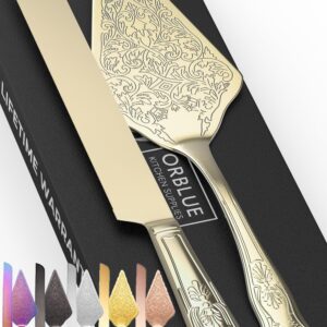 Orblue Wedding Cake Knife and Server Set - Premium, Beautifully Engraved Cutting Set - Elegant Keepsake for Newlyweds - Light Gold