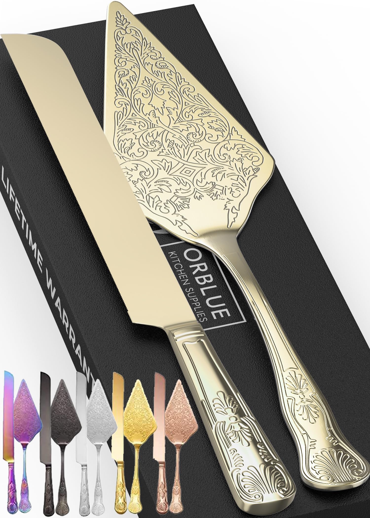 Orblue Wedding Cake Knife and Server Set - Premium, Beautifully Engraved Cutting Set - Elegant Keepsake for Newlyweds - Light Gold