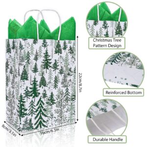 Whaline 12 Pack Christmas Paper Gift Bags with Handle Winter Medium Size Watercolor Xmas Tree Candy Goodie Bags with Green Tissue Paper for Xmas Holiday Party Supplies