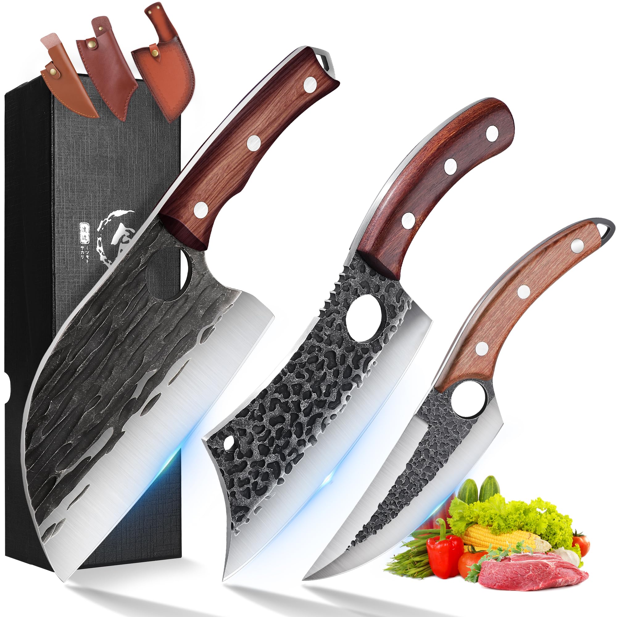 ROCOCO 3PCS Butcher Cleaver Knife Set for Meat Cutting Serbian Chef Knife Viking Boning Cleaver with Sheaths for Kitchen Outdoor BBQ Camping Birthday Father Mother Christmas Gift Idea Men