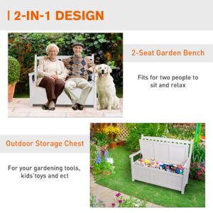 Outdoor Storage Bench Loveseat Deck Box Bench with Arm Back Patio Furniture 2-Seat Container Solid Wood for Garden Tools & Pool Toys Deck Storage Bench for Patio Garden Storage Porch White 450lbs