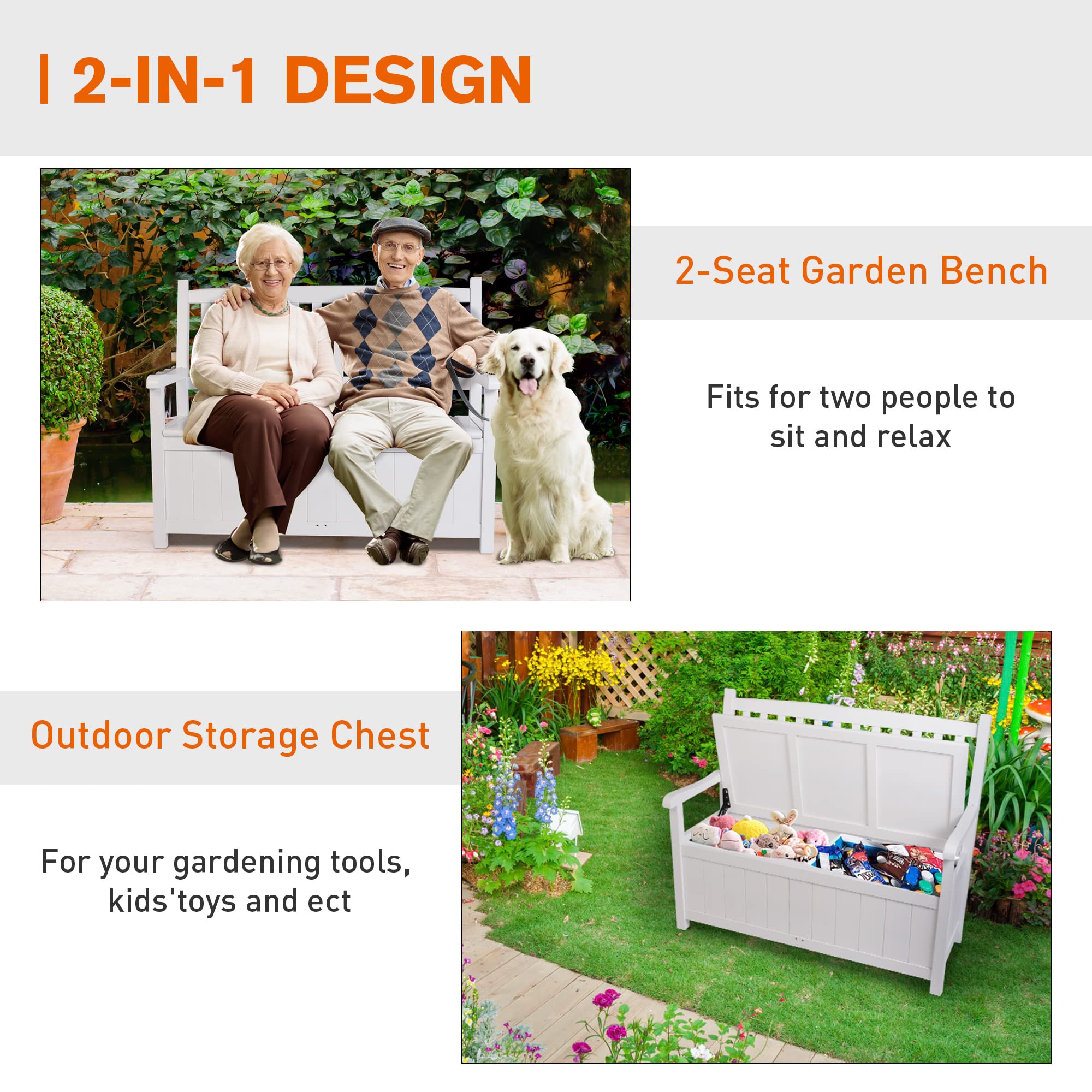 Outdoor Storage Bench Loveseat Deck Box Bench with Arm Back Patio Furniture 2-Seat Container Solid Wood for Garden Tools & Pool Toys Deck Storage Bench for Patio Garden Storage Porch White 450lbs