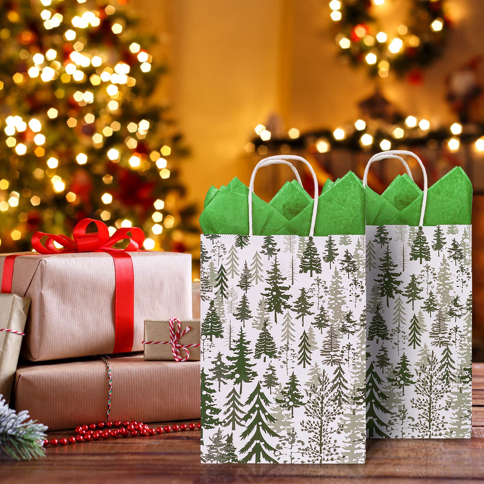 Whaline 12 Pack Christmas Paper Gift Bags with Handle Winter Medium Size Watercolor Xmas Tree Candy Goodie Bags with Green Tissue Paper for Xmas Holiday Party Supplies