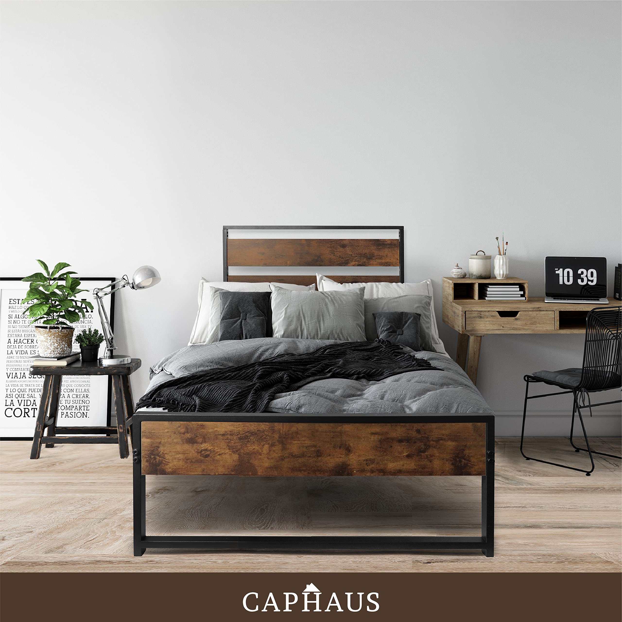 CAPHAUS Metal Bed Frame with Modern Wood Headboard and Footboard, Mattress Foundation, Metal Platform Bed with Premium Steel Frame, Noise-Free, No Box Spring Needed, Twin Size, Rustic Oak