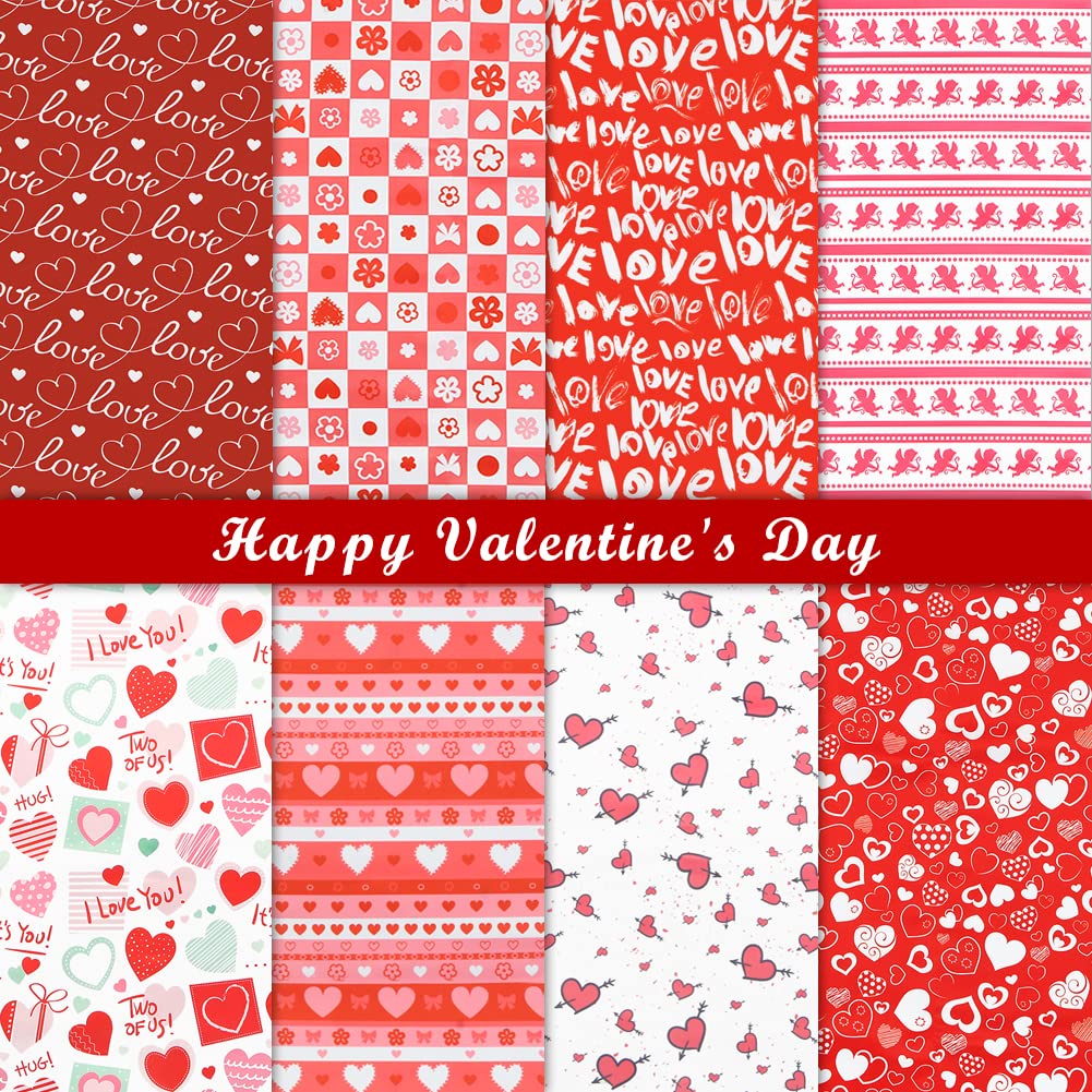 Valentine's Day Cotton Fabric Squares 20x20 Inch, 8PCS Valentine Fabric Heart Print Red Pink Patchwork Sewing for DIY Crafts Supplies, Gift Wrap for Valentines Day, Wedding, Anniversary, Mother's Day