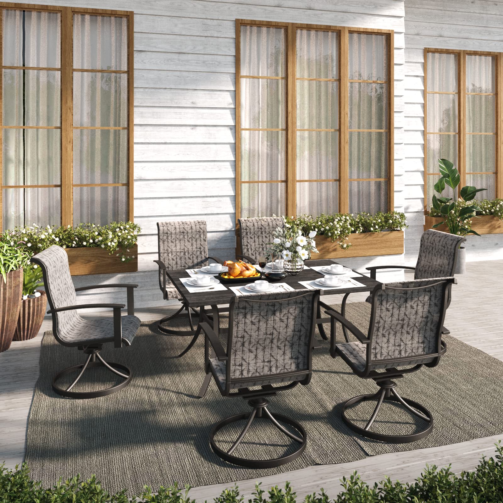 Grand patio Outdoor Dining Set for 6, Patio Dining Set with 6-Piece Mesh Sling Rocking Chairs, 1-Piece Large Rectangular Woodgrain Dining Table with Umbrella Hole, Black & Grey Plaid