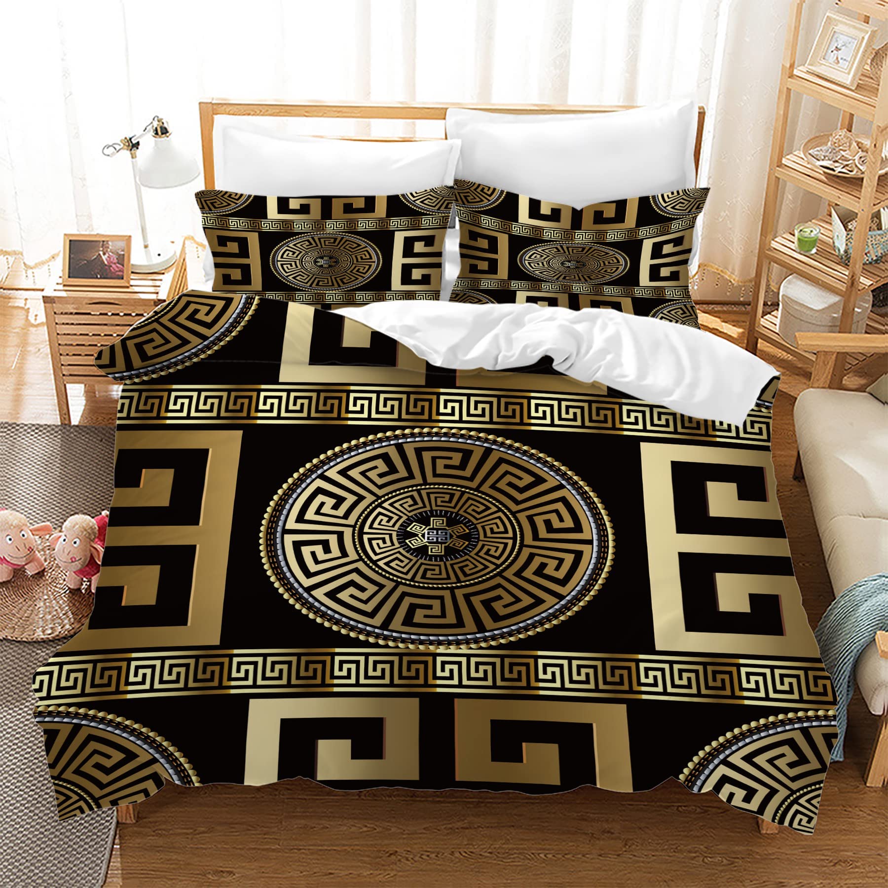 Retro Black Gold Greek Key Meander 3D Print Duvet Cover Set, 3D Geometric Gold Print Luxury Soft 3 Pieces Bedding Set Breathable with 2 Pillow Shams for Hotel Bedroom Decor (King, No Comforter)