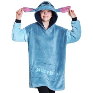 disney stitch fleece hoodie blanket for kids and teenagers - one size fluffy oversized hoodie - stitch gifts (blue stitch)