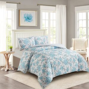 Style Quarters Duvet Cover Queen Size-100% Washed Microfiber Queen Duvet Cover Set 3 Pieces Bedding Set Includes 1 Duvet Cover and 2 Pillowcases Blue Floral Plant Bright Duvet Cover