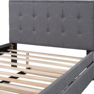 CITYNIGHT Upholstered Full Size Platform Bed with Headboard and Trundle,Linen Wood Full Trundle Bed Frame for Kids Teens,No Box Spring Needed (Full,Grey+Trundle)