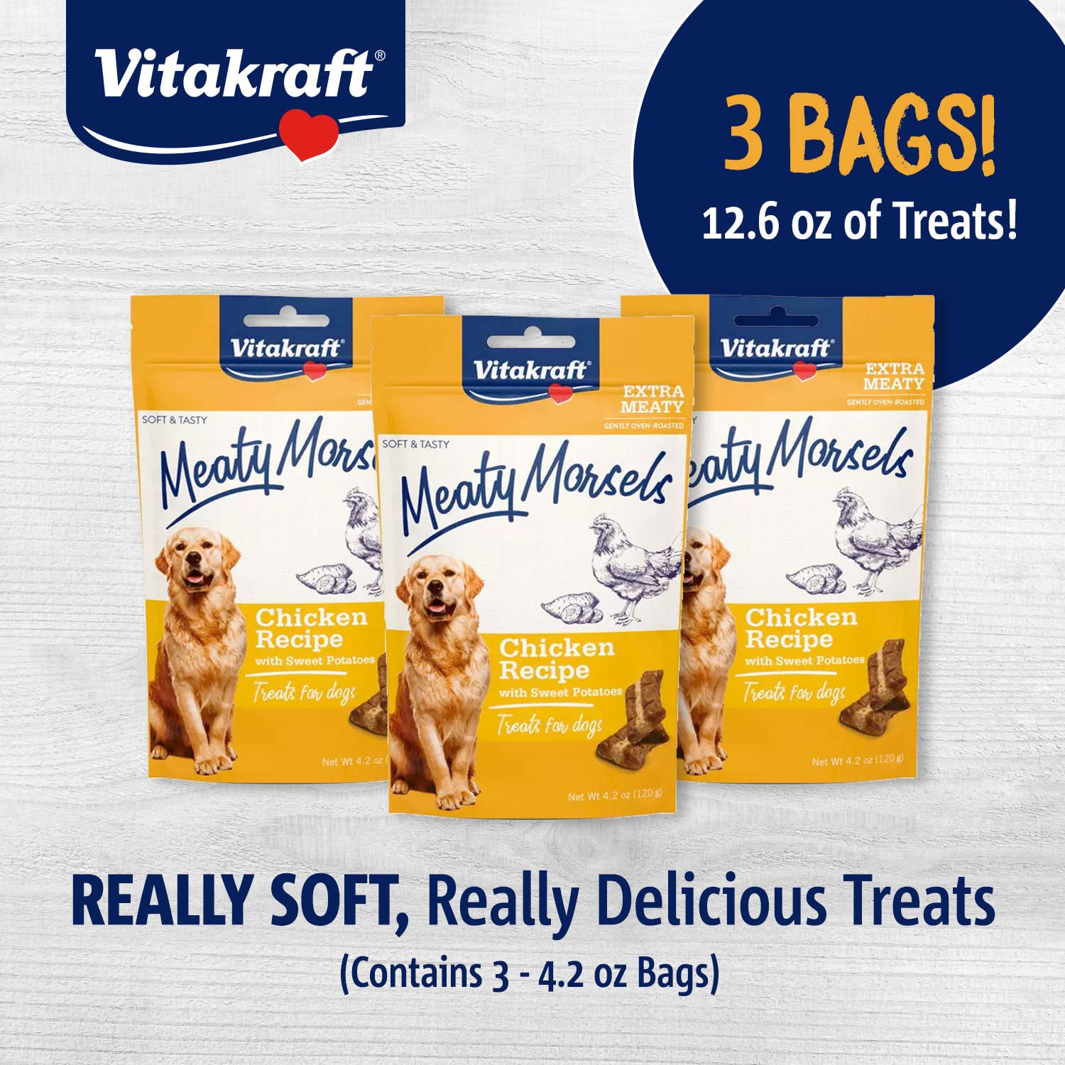 3 Pack of Vitakraft Meaty Morsels Treats for Dogs - Chicken with Sweet Potatoes - Super Soft Dog Treats - Two Layers of Gently Oven-Baked Meaty Goodness - 12.6oz Value Pack