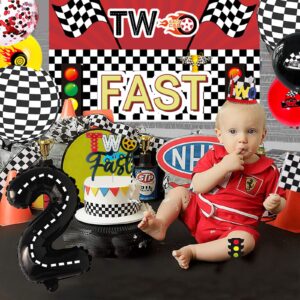 126 PCs Two Fast Birthday Decorations, Fiesec Race Car Theme 2nd Party Decorations Backdrop Balloon Garland Arch Banner Box Cutout Cake Topper Crown Poster Checked Flag Trophy Black Red