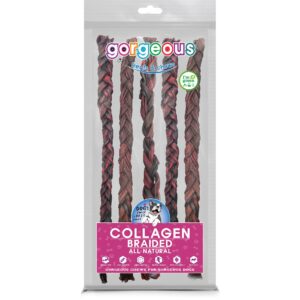 gorgeous treats and chews Beef Collagen 12 Inch | (Braided (5 Count)) | High in Protein | All Natural Chew for Dogs | 100% Digestible | Chondroitin & Glucosamine Source | Good for Dental Health