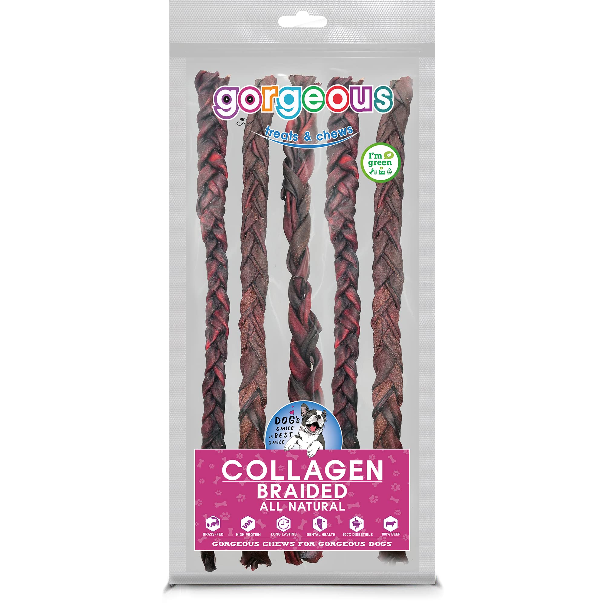 gorgeous treats and chews Beef Collagen 12 Inch | (Braided (5 Count)) | High in Protein | All Natural Chew for Dogs | 100% Digestible | Chondroitin & Glucosamine Source | Good for Dental Health