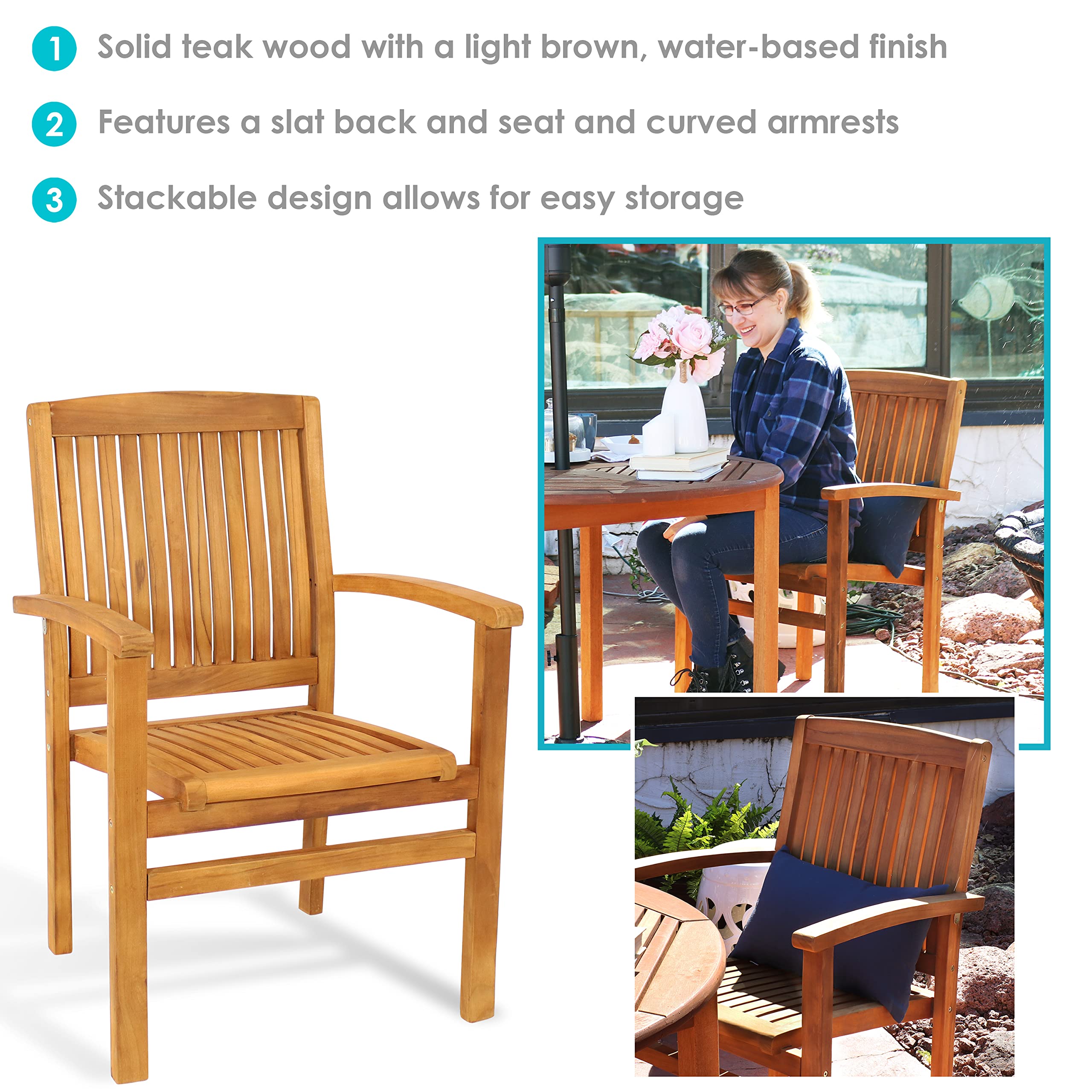 Sunnydaze Stackable Wooden Outdoor Patio Dining Armchair with Slat Back - Light Brown Finish