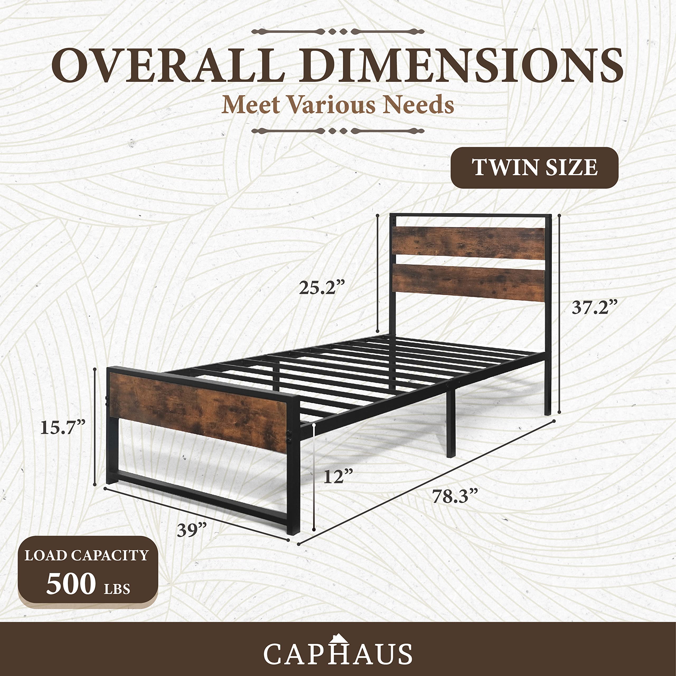 CAPHAUS Metal Bed Frame with Modern Wood Headboard and Footboard, Mattress Foundation, Metal Platform Bed with Premium Steel Frame, Noise-Free, No Box Spring Needed, Twin Size, Rustic Oak