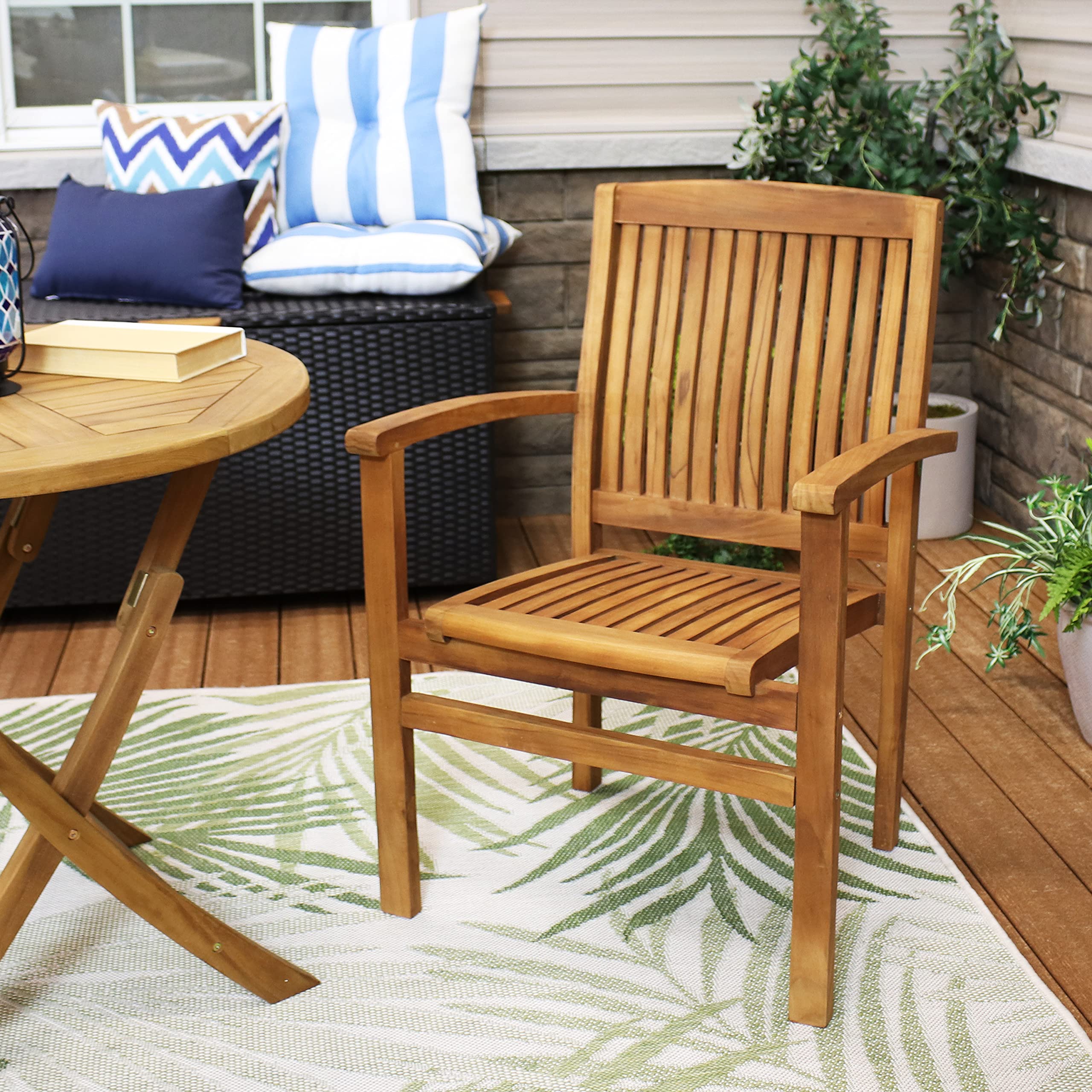 Sunnydaze Stackable Wooden Outdoor Patio Dining Armchair with Slat Back - Light Brown Finish