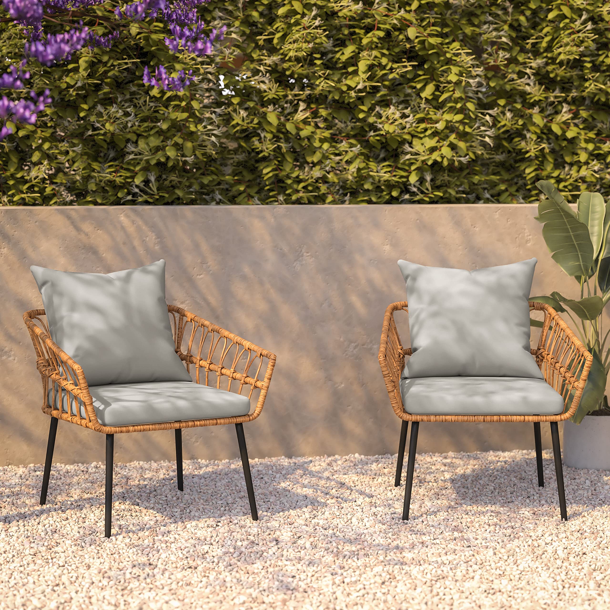 Flash Furniture Evin Set of 2 Boho Indoor/Outdoor Patio Chairs - Natural Finish Faux Rattan Wicker - Gray All-Weather Cushions - Integrated Armrests