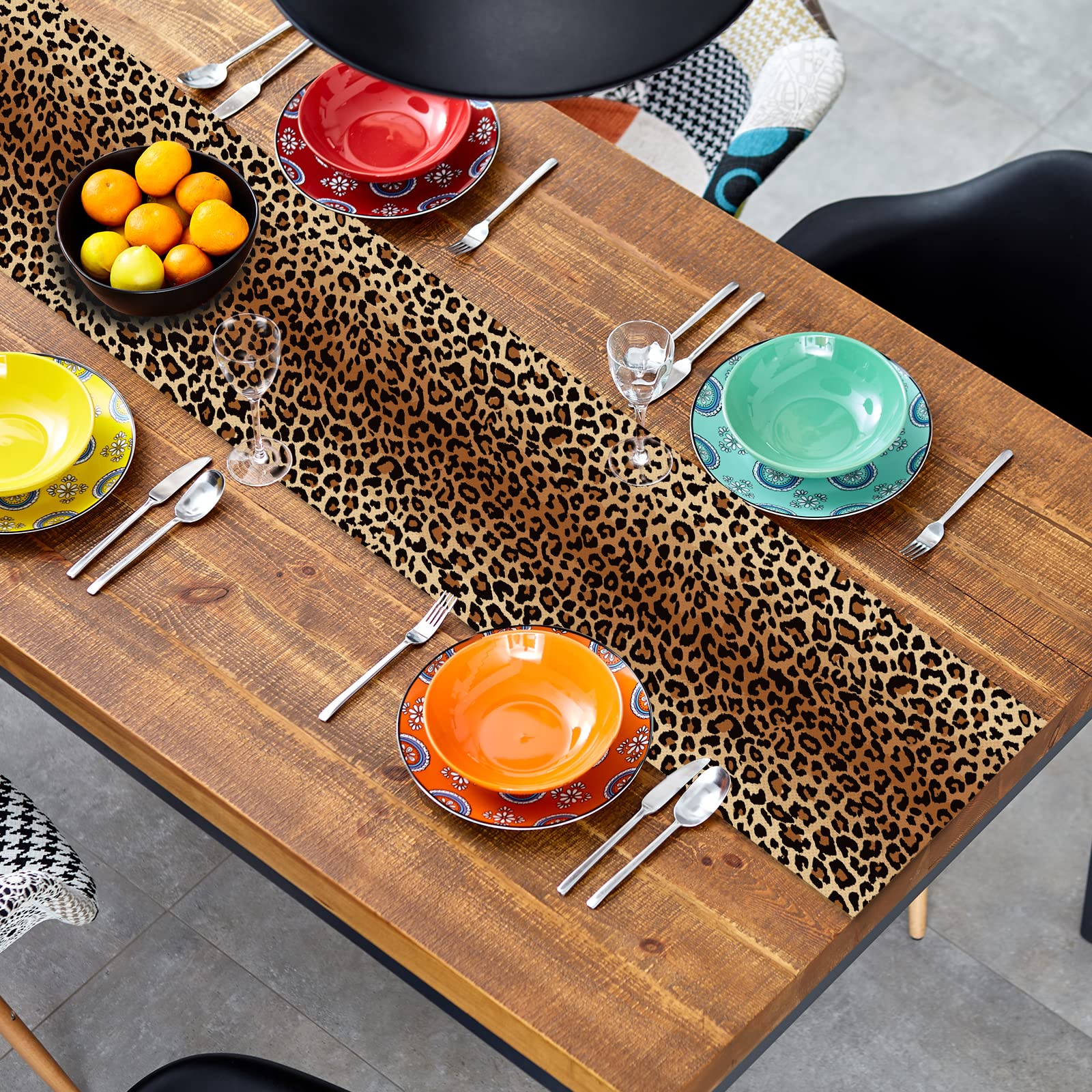 YOVOYOA Leopard Print Table Runner 72 Inches Long, Animal Style Table Runner Dresser Scarves, Wildlife Safari Burlap Dining Room Table Decor for Kitchen Farmhouse Indoor Outdoor Home Party