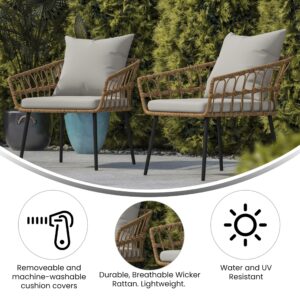 Flash Furniture Evin Set of 2 Boho Indoor/Outdoor Patio Chairs - Natural Finish Faux Rattan Wicker - Gray All-Weather Cushions - Integrated Armrests