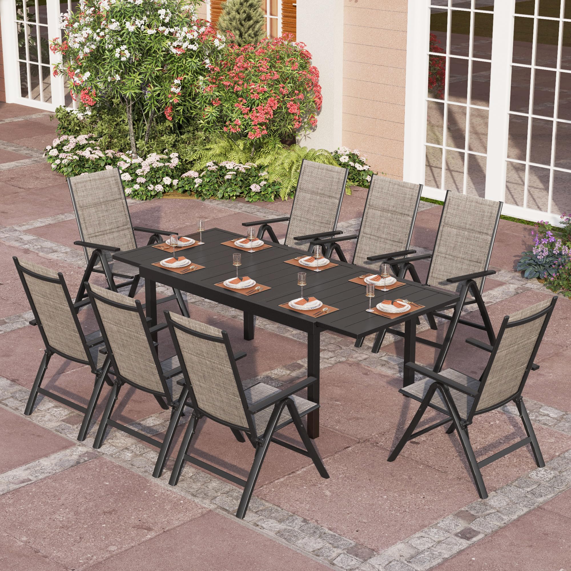 PHI VILLA 9 Piece Outdoor Dining Set with Patio Table and Chairs, Patio Furniture Dining Set with Adjustable Padded Portable Folding Patio Chairs & Metal Rectangle Table for Garden & Deck, Grey