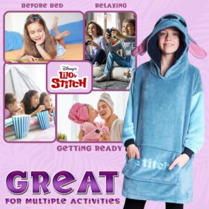 Disney Stitch Fleece Hoodie Blanket for Kids and Teenagers - One Size Fluffy Oversized Hoodie - Stitch Gifts (Blue Stitch)